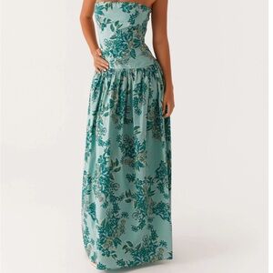 Pepper Mayo Strapless Teal Floral Maxi Dress